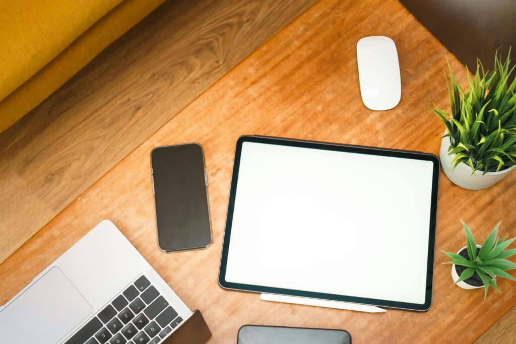 empty tablet screen mockup home interior top view